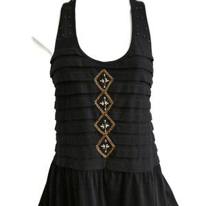 Ric Rac Anthropologie Black Tunic Tank Top Beaded Tiered Pleats Skirt Peplum S